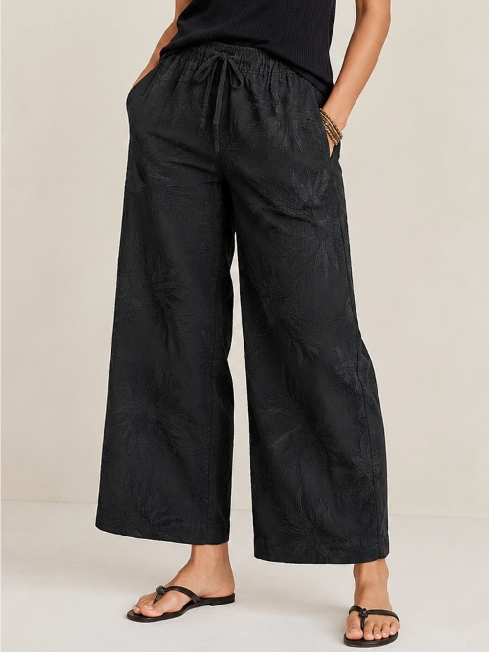 Joie Linen Floral Embroidered Wide Leg Crop Pants Black Medium